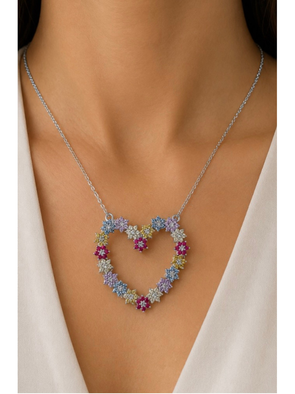 JTV Heart Flower Pendant Multi-color Gems set in 925 Sterling Silver New